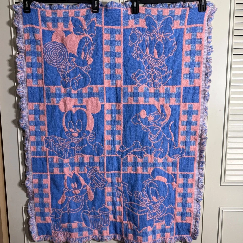Vintage Disney Baby Blanket Woven Tapestry Mickey Minnie Donald Goofy Blue Pink